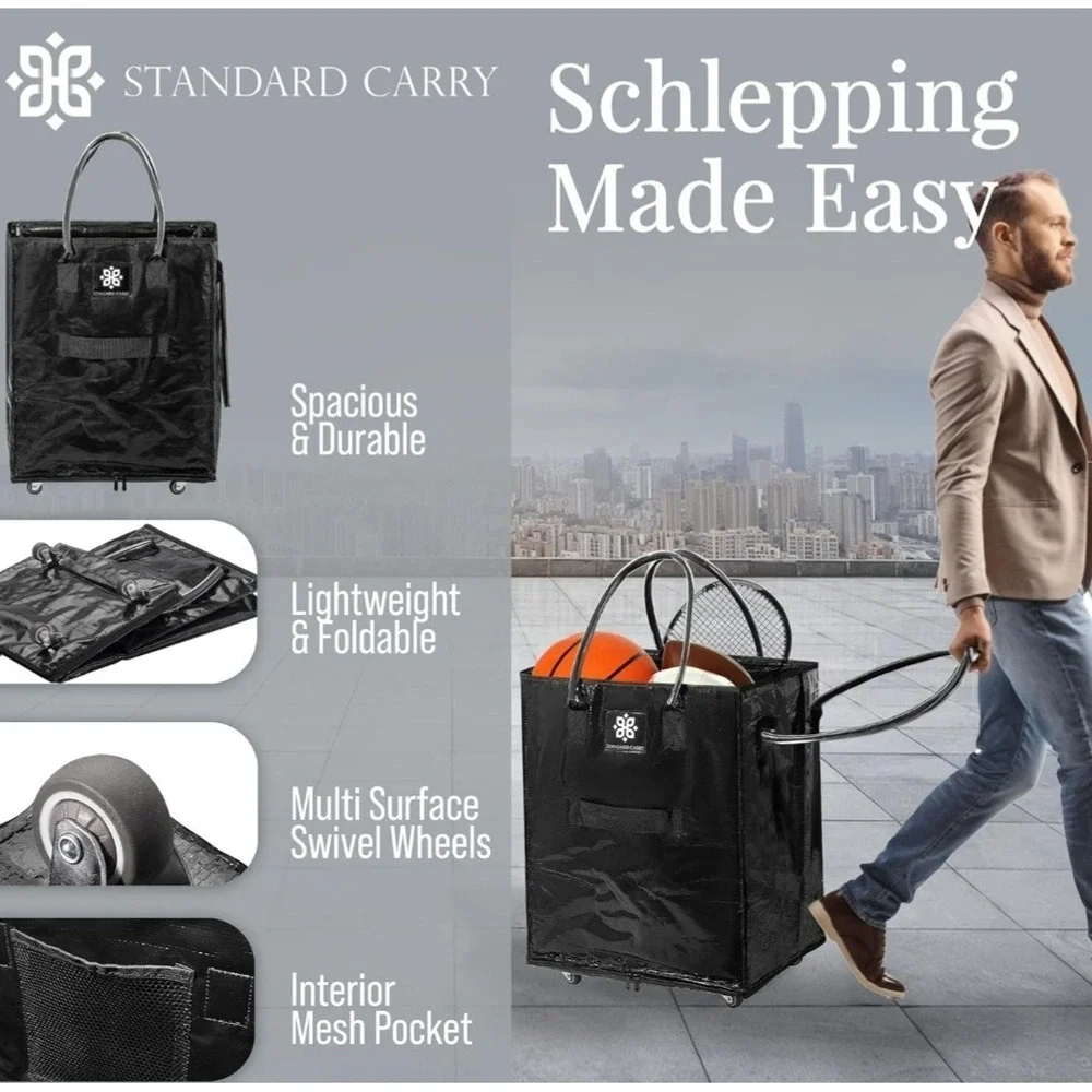 Grocery Bag Wheels Foldable Rolling Tote Zipper Closure Heavy-Duty, Eco-Friendly